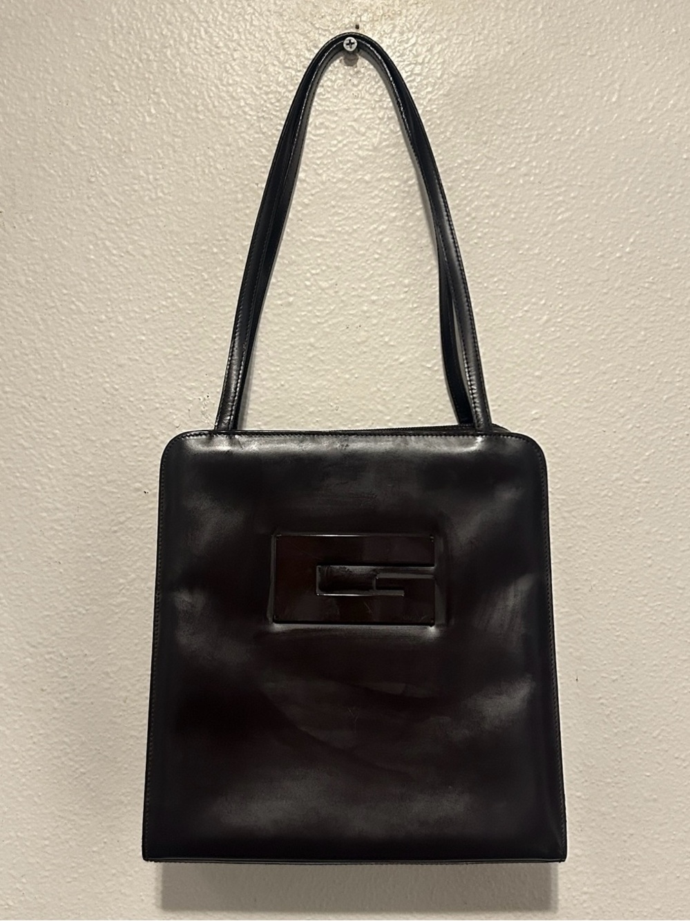 GUCCI TOM FORD VTG 90s Square G Calfskin Leather Shopper Shoulder Bag Dark Brown
